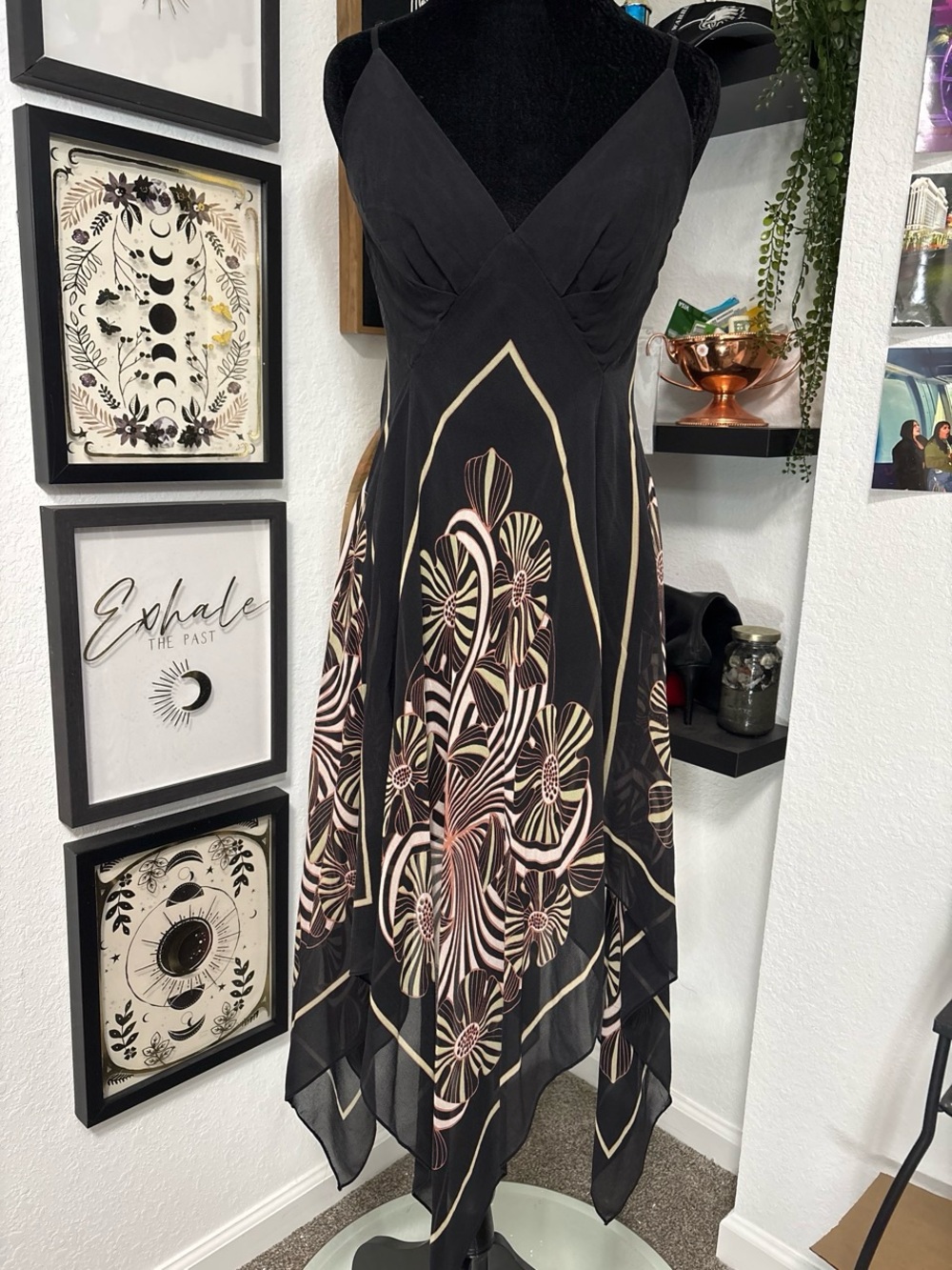 Vintage Max Studio 100% Silk Black Floral Handkerchief Dress Whimsigoth Size M